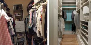 Before-and-after images showcasing the impact of NewSpace's home organization services on a walk-in closet.