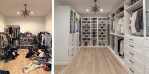 Before-and-after images showcasing the impact of NewSpace's home organization services on a walk-in closet.